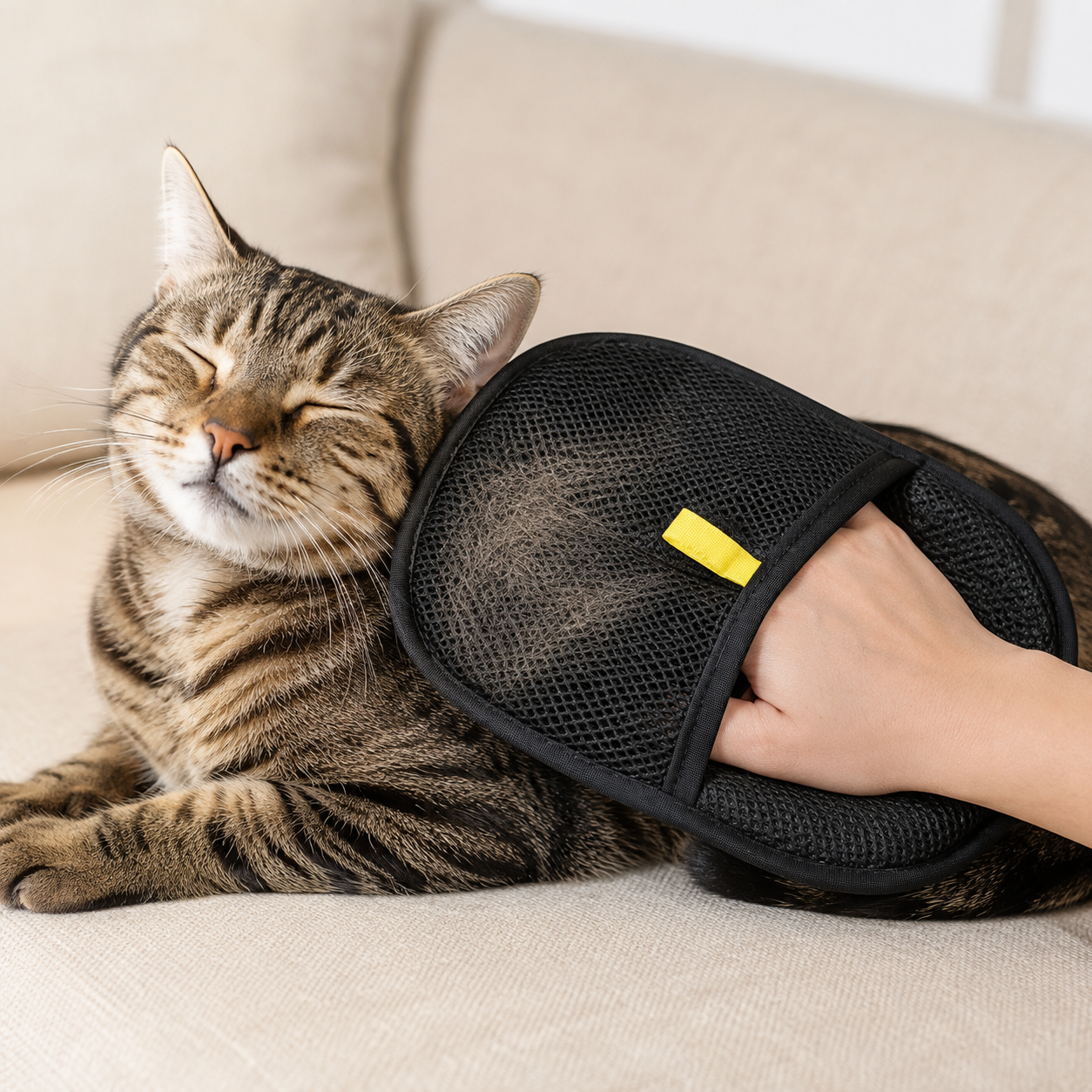 Black grooming mitt gently removing loose fur from a cat