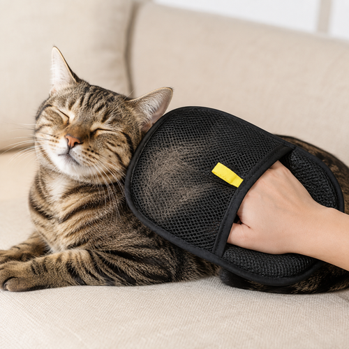 Black grooming mitt gently removing loose fur from a cat