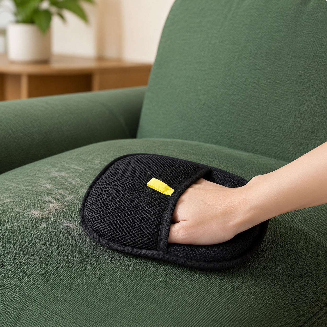 Black grooming mitt removing pet hair from a sofa