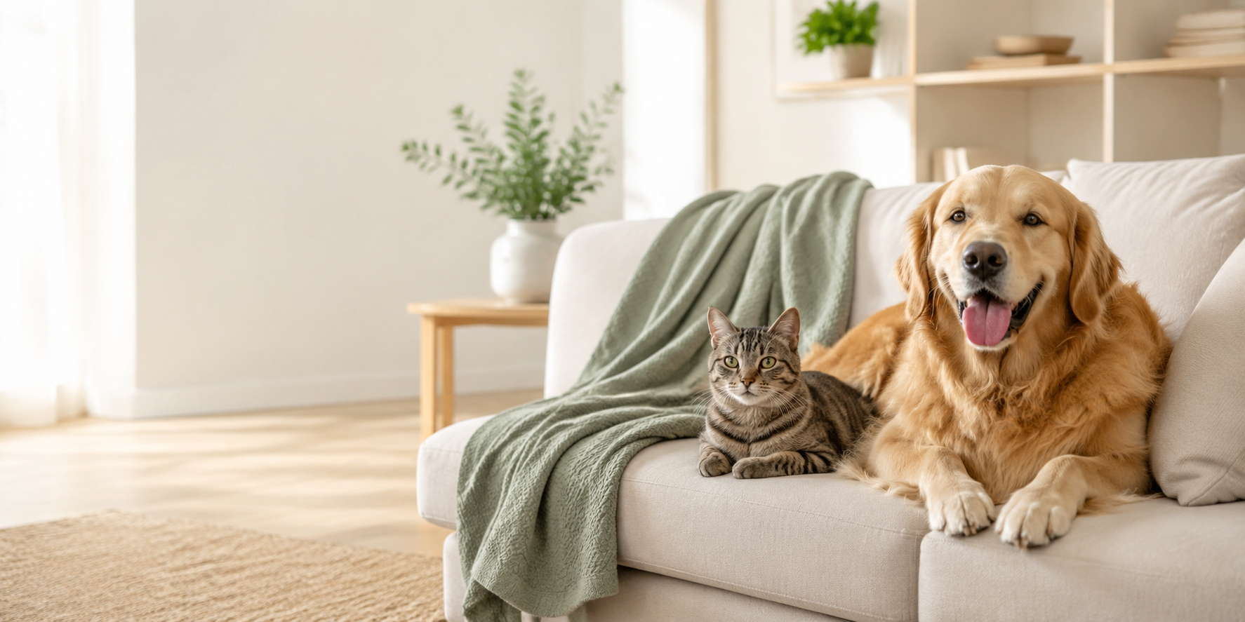 Golden retriever and tabby cat relaxing in a bright, tidy living room